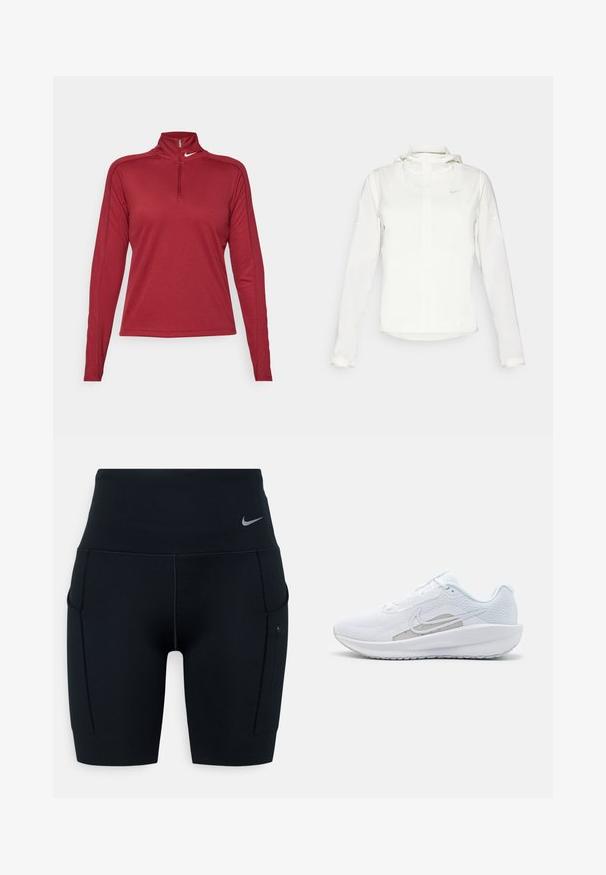 Jachetă albă Nike cu glugă, fermoar pe toată lungimea, manșete elastice și un logo subtil pe piept. Textură netedă și design ușor.; Tricou sportiv lung cu mânecă roșie, cu guler înalt și fermoar pe jumătate. Prezintă un material neted și ușor, cu cusături contrastante pe mâneci.; Pantaloni scurți sport negri, cu talie înaltă, din material elastic; au buzunare laterale și un mic logo Nike pe talie.; Pantof de atletism alb cu plasă superioară, vârf rotunjit și talpă texturată. Prezentă un logo Nike argintiu și un design minimalist.