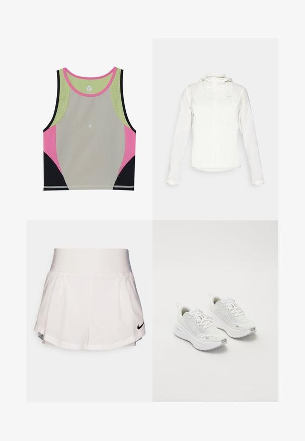 Weiße Nike-Jacke mit Kapuze, durchgehendem Reißverschluss, elastischen Bündchen und einem dezenten Logo auf der Brust. Glatte Textur und leichtes Design.; Bunter Sport-BH mit einem hellgrauen Körper, pinken, schwarzen und grünen Akzenten sowie einem runden Ausschnitt mit perforierten Details.; Nike Performance SHORT - Kurze Sporthose - white/black; Weiße Sportschuhe mit einem strukturierten Mesh-Obermaterial, gepolsterter Sohle und dezenten grauen Akzenten. Enthält Branding und eine Schlaufe an der Ferse für einfaches Anziehen.