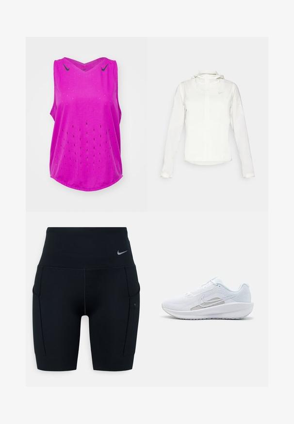 Bela Nike jakna s kapuco, polno zadrgo, elastičnimi manšetami in diskretnim logotipom na prsih. Gladka tekstura in lahko oblikovanje.; Nike Performance AEROSWIFT SINGLET - Top - hot fuchsia/black; Črne visoke športne kratke hlače iz raztegljivega materiala; imajo stranske žepe in majhen Nike logotip na pasu.; Bela športna čevlja z mrežastim zgornjim delom, zaobljenim nosom in teksturiranim podplatom. Ima srebrni Nike znak in minimalističen dizajn.