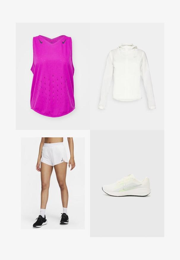 Giacca Nike bianca con cappuccio, zip completa, polsini elasticizzati e un logo discreto sul petto. Texture liscia e design leggero.; Nike Performance AEROSWIFT SINGLET - Top - hot fuchsia/black; Pantaloncini sportivi bianchi con vita a coste, spacchi laterali e logo Nike nero. Indossati con scarpe da ginnastica nere e calzini bianchi alti.; Nike Performance DOWNSHIFTER 13 - Scarpe da corsa su strada - sail/silver-coloured photon dust/summit white/barely volt/black