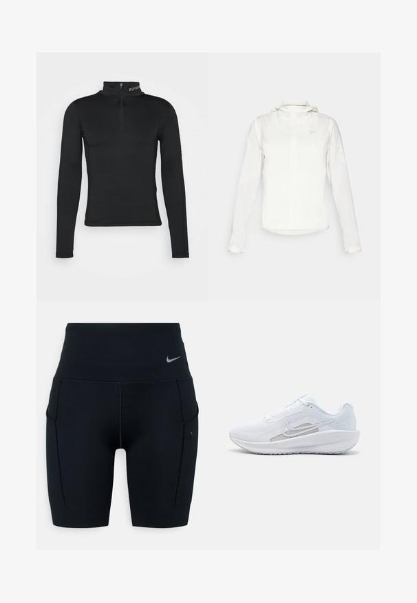 Weiße Nike-Jacke mit Kapuze, durchgehendem Reißverschluss, elastischen Bündchen und einem dezenten Logo auf der Brust. Glatte Textur und leichtes Design.; Schwarzes langärmliges Basisschicht-Oberteil mit hohem Kragen und Viertel-Reißverschluss. Glatte Textur und enganliegendes Design für optimierte Leistung.; Schwarze hochtaillierte Sportshorts aus dehnbarem Material; verfügt über Seitentaschen und ein kleines Nike-Logo am Bund.; Weißer Sport Schuh mit Mesh-Obermaterial, abgerundeter Zehenpartie und strukturiertem Sohlenprofil. Mit einem silbernen Nike Swoosh und minimalistischem Design.