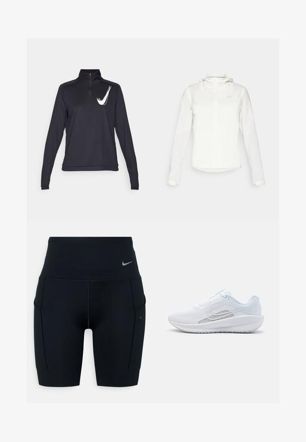 Balta Nike striukė su gobtuvu, pilnu užtrauktuku, elastingomis rankovėmis ir subtiliu logotipu ant krūtinės. Sklandi tekstūra ir lengvas dizainas.; Juodas ilgomis rankovėmis puloveris su ketvirčio užtrauktuku ir baltu logotipu. Pagamintas iš lygios, tamprių audinio su laisvu kirpimu ir plokščiomis siūlėmis.; Juodos aukšto liemens sportinės šortai, pagaminti iš elastingos medžiagos; turi šonines kišenes ir mažą Nike logotipą ant juosmens.; Baldas sportinis batelis su tinkleliu viršuje, apvaliu toe ir tekstūruota padais. Pabrėžia sidabrinį Nike swoosh ir minimalistinį dizainą.