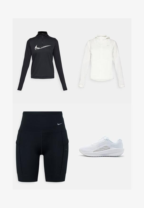 Weiße Nike-Jacke mit Kapuze, durchgehendem Reißverschluss, elastischen Bündchen und einem dezenten Logo auf der Brust. Glatte Textur und leichtes Design.; Schwarzes langärmeliges Sportoberteil mit einem Viertel-Reißverschluss und einem auffälligen weißen Nike-Swoosh-Logo auf der Brust. Glatte Textur.; Schwarze hochtaillierte Sportshorts aus dehnbarem Material; verfügt über Seitentaschen und ein kleines Nike-Logo am Bund.; Weißer Sport Schuh mit Mesh-Obermaterial, abgerundeter Zehenpartie und strukturiertem Sohlenprofil. Mit einem silbernen Nike Swoosh und minimalistischem Design.