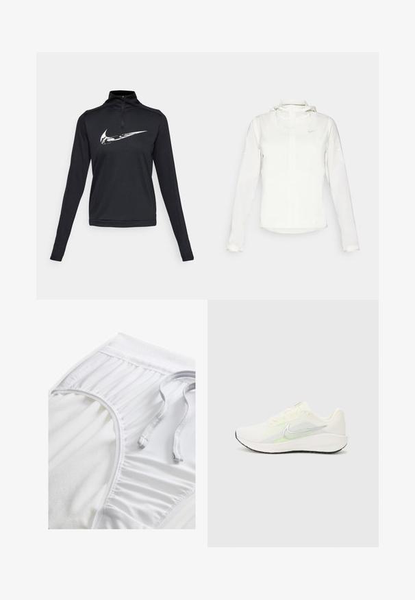 Weiße Nike-Jacke mit Kapuze, durchgehendem Reißverschluss, elastischen Bündchen und einem dezenten Logo auf der Brust. Glatte Textur und leichtes Design.; Schwarzes langärmeliges Sportoberteil mit einem Viertel-Reißverschluss und einem auffälligen weißen Nike-Swoosh-Logo auf der Brust. Glatte Textur.; Weiße Sportshorts mit einem strukturierten Taillenbund, gerafften Seitendetails und einem flachen Kordelzug. Weicher Stoff mit glatter Oberfläche.; Nike Performance DOWNSHIFTER 13 - Laufschuh Straße - sail/silver-coloured photon dust/summit white/barely volt/black