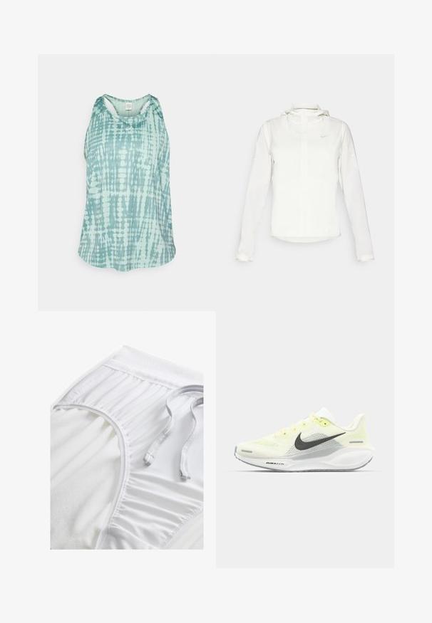 Valkoinen Nike-takki hupulla, täyspitkällä vetoketjulla, joustavilla hihansuilla ja hillityllä logolla rinnassa. Sujuva pinta ja kevyt muotoilu.; Vaaleansininen ja valkoinen sidontatekniikalla värjätty hihaton urheilupaita, jossa on urheilullinen leikkaus ja pieni logo rinnassa, esitelty valkoista taustaa vasten.; Valkoiset urheilushortsit, joissa on teksturoidut vyötärönauhat, poimutetut sivuyksityiskohdat ja tasainen nyöri. Pehmeä kangas, jossa on sileä pinta.; Nike juoksukengät, joissa on vaaleankeltainen ja valkoinen verkko-osa, harmaita yksityiskohtia ja joustava kumipohja. Varusteet nauhakiinnityksellä.