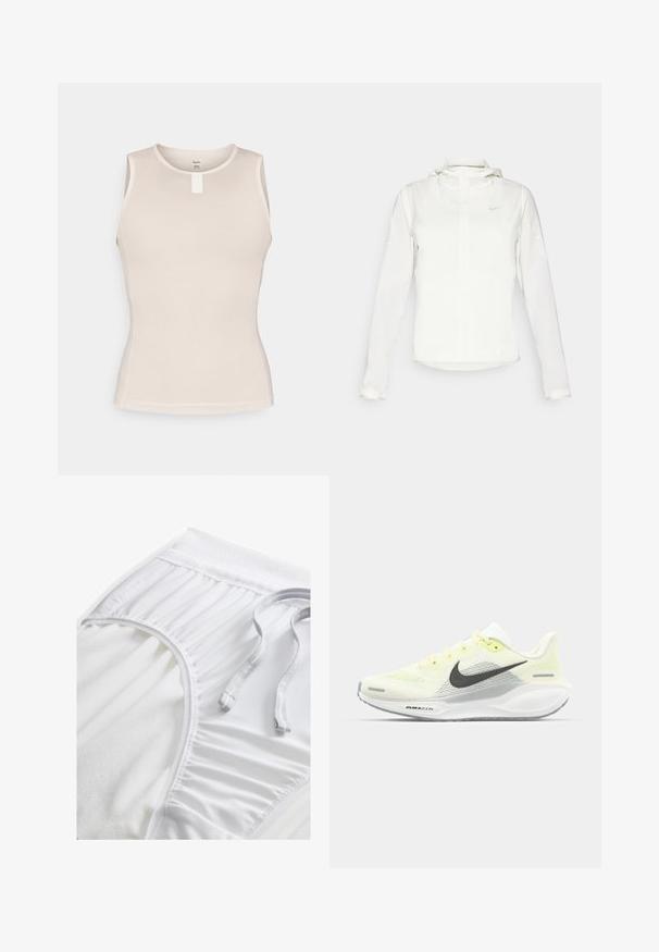 Hvid Nike-jakke med hætte, fuld lynlås, elastiske manchetter og et diskret logo på brystet. Glat tekstur og let design.; Ærmeløs tanktop i lys beige med et tekstureret mesh-design, rund halsudskæring og et lille hvidt mærke i midten bagpå.; Hvide atletiske shorts med en tekstureret talje, sammensnørede sideløsninger og en flad snoretræk. Blødt stof med en glat overflade.; Nike løbesko med en lys gul og hvid mesh-overdel, grå detaljer og en fleksibel gummisål. Har snørebånds Lukning.