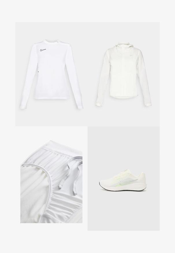 Hvit Nike-jakke med hette, hel glidelås, elastiske mansjetter og en diskret logo på brystet. Glatt tekstur og lett design.; Langermet hvit treningsskjorte laget av pustende stoff, med en svart Nike swoosh-logo på øvre venstre side. Glatt tekstur, tilpasset design.; Hvite treningse shorts med strukturert midjebånd, samlede side detaljer og flat snøring. Myk stoff med glatt overflate.; Nike Performance DOWNSHIFTER 13 - Løpesko for vei - sail/silver-coloured photon dust/summit white/barely volt/black