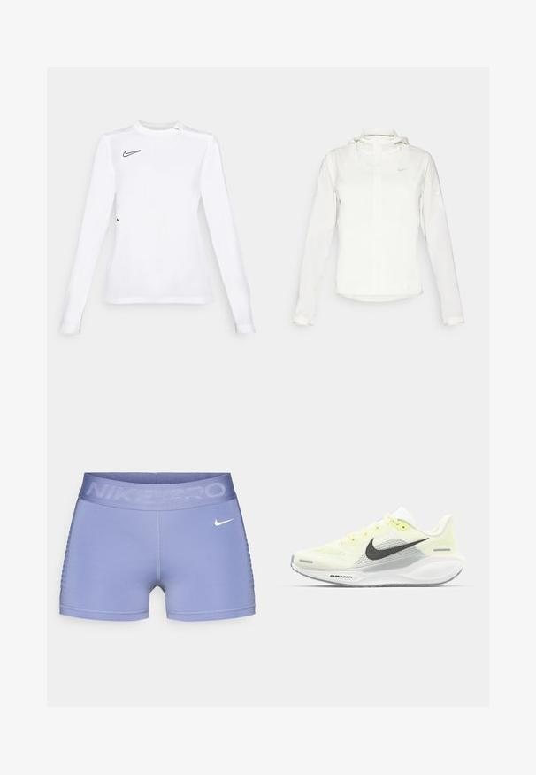 Giacca Nike bianca con cappuccio, zip completa, polsini elasticizzati e un logo discreto sul petto. Texture liscia e design leggero.; Maglietta atletica a maniche lunghe di colore bianco realizzata in tessuto traspirante, con il logo Swoosh nero di Nike sulla parte superiore sinistra. Tessuto liscio, design aderente.; Shorts a compressione Nike Pro in lilla chiaro, con una cintura ampia con il testo "NIKE PRO", texture liscia e dettagli laterali a motivo.; Scarpe da corsa Nike con una tomaia in rete giallo chiaro e bianco, dettagli grigi e una suola in gomma flessibile. Presentano una chiusura con lacci.