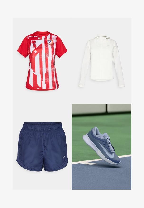 Hvit Nike-jakke med hette, hel glidelås, elastiske mansjetter og en diskret logo på brystet. Glatt tekstur og lett design.; Rød kortermet jersey med hvit stripete design med stjerner og klubbemblemet på venstre bryst, laget av lett stoff.; Marine blå treningsshorts med elastisk midje og sideskinnpaneler. Har en liten hvit Nike-logo på nederste venstre side.; Sportssko i lyseblå og marineblå, med en teksturert overdel, flate lisser og en lett hvit såle. Hevet over en baneflate.