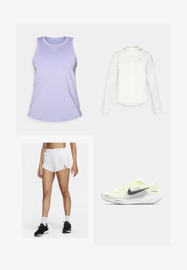 Witte Nike-jack met een capuchon, volledige rits, elastische manchetten en een subtiele logo op de borst. Gladde textuur en lichtgewicht ontwerp.; Lichtpaarse Nike tanktop met een ronde hals, mouwloos ontwerp en klein wit logo op de bovenborst. Glad, vochtregulerend materiaal.; Witte sportshorts met een geribbelde tailleband, zijsplitten en een zwarte Nike-logo. Draag ze met zwarte sneakers en witte kousen tot aan de kuit.; Nike hardloopschoenen met een lichtgele en witte mesh bovenkant, grijze accenten en een flexibele rubberen zool. Voorzien van een vetersluiting.