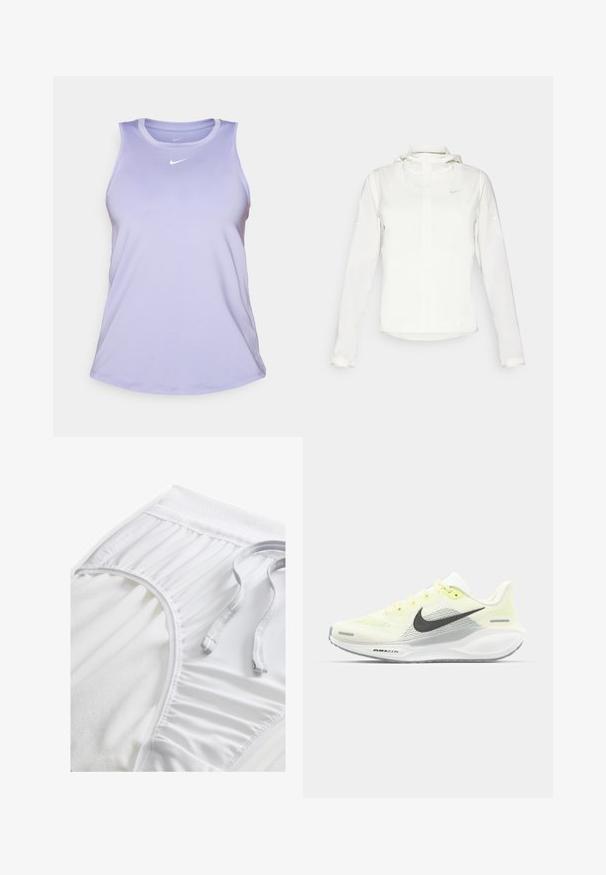 Biała kurtka Nike z kapturem, na zamek błyskawiczny, elastyczne mankiety i subtelne logo na piersi. Gładka tekstura i lekka konstrukcja.; Jasnofioletowy top na ramiączkach Nike z okrągłym dekoltem, bez rękawów, z małym białym logo na górnej części klatki piersiowej. Gładki, odprowadzający wilgoć materiał.; Białe sportowe szorty z teksturowanym pasem, detalami z boku i płaskim sznurkiem do regulacji. Miękka tkanina o gładkim wykończeniu.; Biegi Nike z lekką żółtą i białą siateczką cholewy, szarymi akcentami i elastyczną gumową podeszwą. Posiada klasyczne sznurowanie.