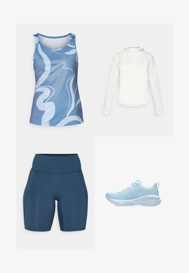 Casaco branco da Nike com capuz, fecho completo, punhos elásticos e um logótipo subtil no peito. Textura suave e design leve.; Top atlético sem mangas azul com padrões ondulados abstratos em azul claro, decote em V e pequeno logo da FILA perto da bainha inferior.; Calças de treino azul-escuras com uma cintura alta, textura suave e costuras planas. Apresentam um design ajustado que se estende até a meio do thigh.; Calçado desportivo azul claro com parte superior em malha, atacadores planos e uma sola espessa e texturizada com acentos geométricos para estabilidade.
