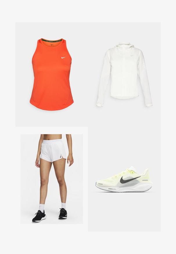 Chaqueta blanca de Nike con capucha, cremallera completa, puños elásticos y un logo sutil en el pecho. Textura suave y diseño ligero.; Camiseta deportiva sin mangas de color naranja, hecha de un tejido suave, con un pequeño logo blanco de Nike en el lado izquierdo del pecho y un escote redondo.; Pantalones cortos deportivos blancos con cinturilla acanalada, aberturas laterales y un logo negro de Nike. Se llevan con zapatillas negras y calcetines blancos hasta la mitad de la pantorrilla.; Zapatillas de correr Nike con una parte superior de malla en amarillo claro y blanco, detalles en gris y una suela de goma flexible. Cuenta con un cierre de cordones.