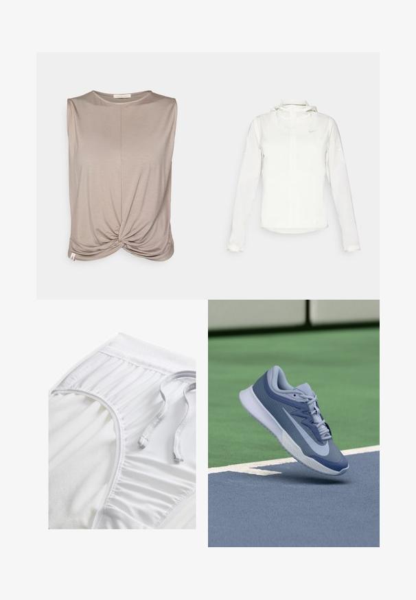 Biela Nike bunda s kapucňou, plným zipsom, elastickými manžetami a jemným logom na hrudi. Hladká textúra a ľahký dizajn.; Yogasearcher TWISTED - Top - cacao; Biele atletické šortky s textúrovaným pásom, zbernými bočnými detailmi a plochou šnúrkou. Mäkká tkanina s hladkým povrchom.; Športové tenisky v svetlomodrej a námorníckej farebnej kombinácii, s textúrovaným zvrškom, plochými šnúrkami a ľahkou bielou podrážkou. Vyvýšené nad povrchom ihriska.