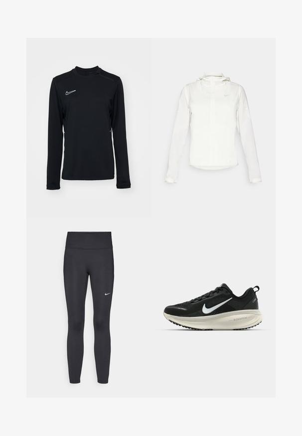 Hvid Nike-jakke med hætte, fuld lynlås, elastiske manchetter og et diskret logo på brystet. Glat tekstur og let design.; Sort langærmet træningsshirt lavet af glat stof, med rund halsudskæring og et lille hvidt Nike-logo på den øverste venstre side.; Sorte leggings lavet af strækbart stof, med en høj talje og et hvidt Nike-logo på venstre lår. Glat tekstur, tætsiddende design.; Sort Nike løbesko med åndbart mesh-overdel, hvidt swoosh-logo, tekstureret detaljering og en cremede ZoomX mellemsål.