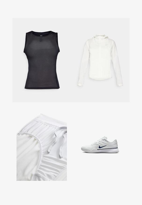 Giacca Nike bianca con cappuccio, zip completa, polsini elasticizzati e un logo discreto sul petto. Texture liscia e design leggero.; Top performance senza maniche nero realizzato in tessuto a rete testurizzato. Presenta un colletto rotondo, una vestibilità aderente e dettagli di cucitura minimi.; Pantaloni sportivi bianchi con una vita testurizzata, dettagli arricciati sui lati e un cordino piatto. Tessuto morbido con finitura liscia.; Scarpa sportiva bianca con tomaia in mesh testurizzato, accenti blu navy e suola imbottita con una superficie di presa a motivo. Lacci integrati nel design.