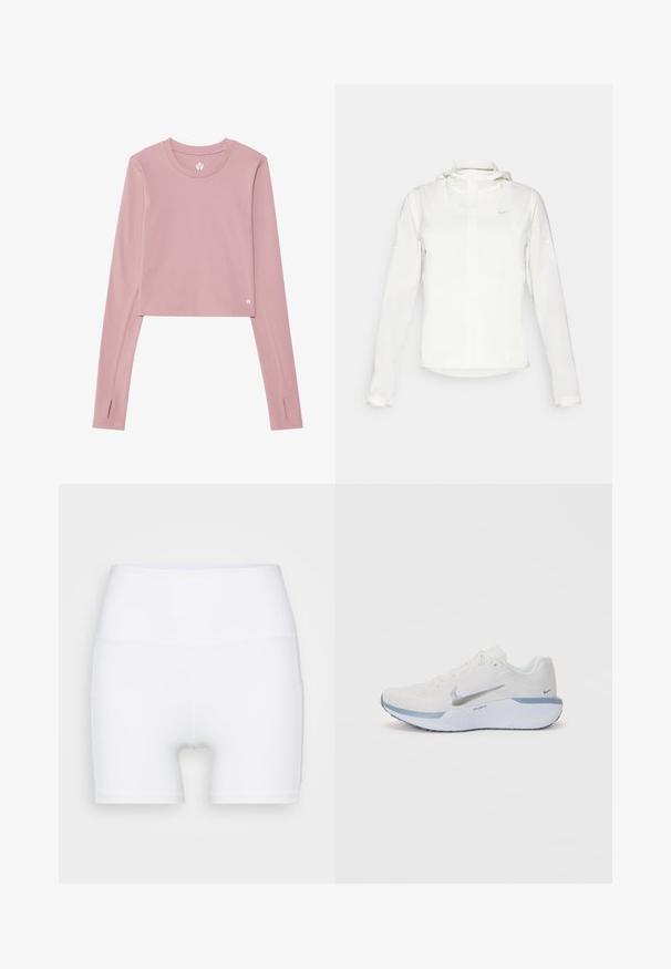 Bijela Nike jakna s kapuljačom, punim zatvaračem, elastičnim manžetama i suptilnim logotipom na prsima. Glatka textura i lagan dizajn.; Dugi rukav uskičeni top u mekanom ružičastom materijalu; ima okrugli izrez, otvore za palčeve na manžetama i mali logo na rubu.; Bijele kratke hlače visokog struka napravljene od rastezljivog materijala. Karakteriziraju ih glatka tekstura i prilagođeni dizajn, bez dodatnih uzoraka ili hardvera.; Bijela atletska cipela s teksturiranim mrežastim gornjim dijelom, srebrnim akcentima i svijetloplavim potplatom. Ima okrugle vezice i ublaženi petni dio.