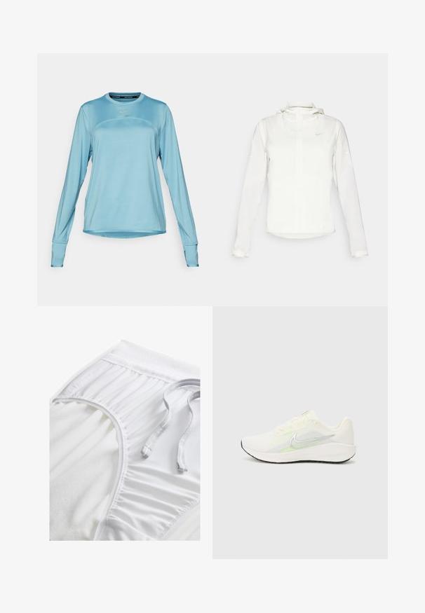 Weiße Nike-Jacke mit Kapuze, durchgehendem Reißverschluss, elastischen Bündchen und einem dezenten Logo auf der Brust. Glatte Textur und leichtes Design.; Nike Performance SWIFT TOP - Langarmshirt - denim turquoise/silver; Weiße Sportshorts mit einem strukturierten Taillenbund, gerafften Seitendetails und einem flachen Kordelzug. Weicher Stoff mit glatter Oberfläche.; Nike Performance DOWNSHIFTER 13 - Laufschuh Straße - sail/silver-coloured photon dust/summit white/barely volt/black