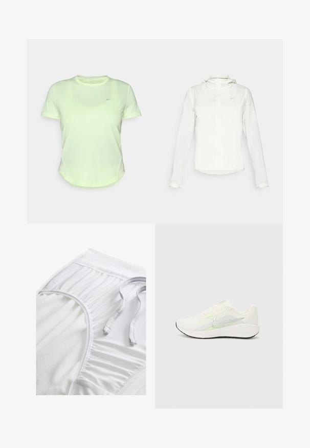 Veste blanche Nike avec capuche, fermeture éclair intégrale, poignets élastiques et un logo discret sur la poitrine. Texture lisse et design léger.; T-shirt Nike à manches courtes, de couleur jaune-vert vif, fabriqué à partir d'un tissu léger, avec un petit logo bleu marine sur la poitrine et un ourlet arrondi.; Shorts de sport blancs avec une taille texturée, des détails froncés sur les côtés et un cordon plat. Tissu doux avec une finition lisse.; Nike Performance DOWNSHIFTER 13 - Chaussures de running sur route - sail/silver-coloured photon dust/summit white/barely volt/black
