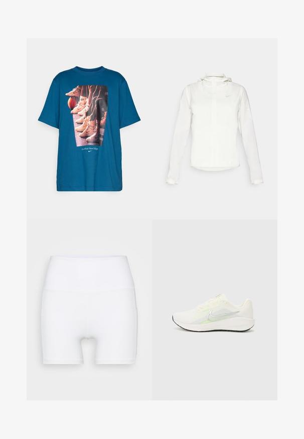 White Nike jacket with a hood, full zip, elastic cuffs, and a subtle logo on the chest. Smooth texture and lightweight design.; Teal t-shirt with graphic of basketball shoes and legs lined up next to a basketball, with text "It's a Whole New Ballgame" and Nike logo.; White high-waisted shorts made from stretch fabric. Features a smooth texture and fitted design, with no additional patterns or hardware.; Nike Performance DOWNSHIFTER 13 - Road running shoes - sail/silver-coloured photon dust/summit white/barely volt/black