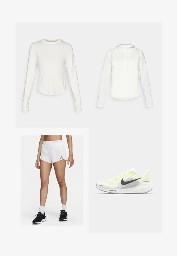White Nike jacket with a hood, full zip, elastic cuffs, and a subtle logo on the chest. Smooth texture and lightweight design.; White long-sleeve athletic shirt made of smooth, lightweight material. Features a round neckline and a Nike logo on the chest.; White athletic shorts with a ribbed waistband, side slits, and a black Nike logo. Worn with black sneakers and white crew socks.; Nike running shoes with a light yellow and white mesh upper, grey accents, and a flexible rubber sole. Features a lace-up closure.