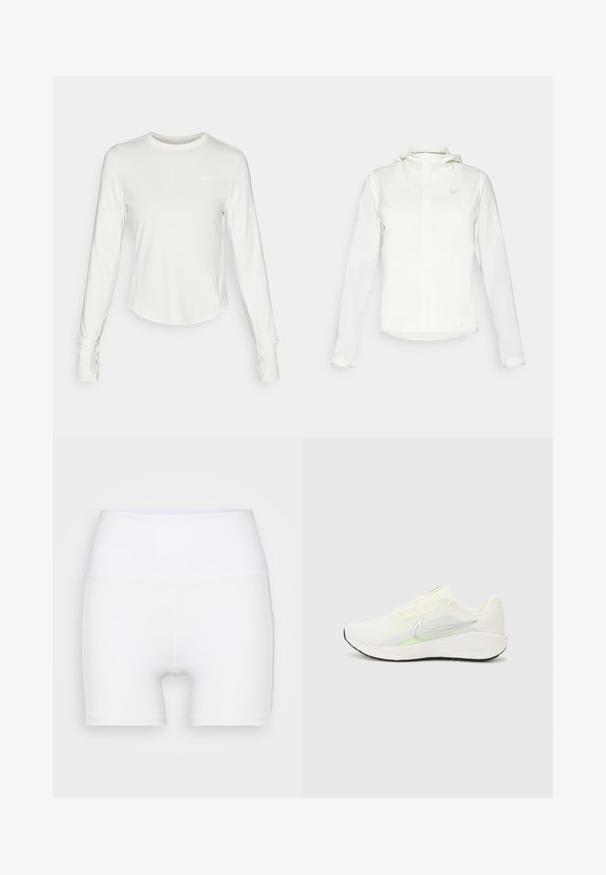 Veste blanche Nike avec capuche, fermeture éclair intégrale, poignets élastiques et un logo discret sur la poitrine. Texture lisse et design léger.; Chemise de sport à manches longues blanche en matériau lisse et léger. Dotée d'un col rond et d'un logo Nike sur la poitrine.; Shorts blancs taille haute en tissu extensible. Fabriqués avec une texture lisse et un design ajusté, sans motifs ni accessoires supplémentaires.; Nike Performance DOWNSHIFTER 13 - Chaussures de running sur route - sail/silver-coloured photon dust/summit white/barely volt/black