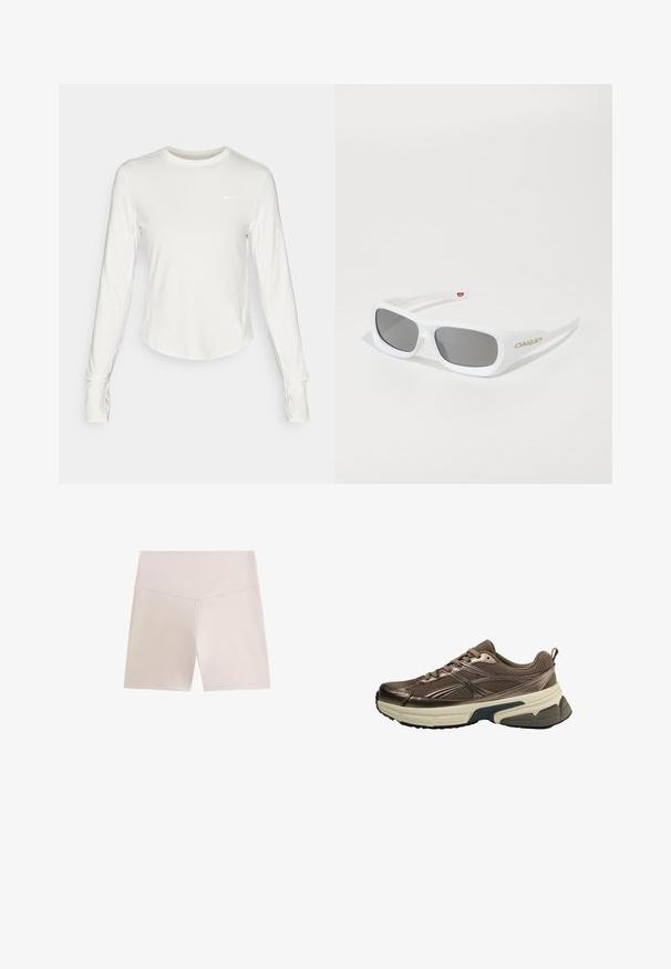 Weiße Nike-Jacke mit Kapuze, durchgehendem Reißverschluss, elastischen Bündchen und einem dezenten Logo auf der Brust. Glatte Textur und leichtes Design.; Weißes langärmliges Sportshirt aus glattem, leichtem Material. Mit rundem Ausschnitt und einem Nike-Logo auf der Brust.; Beige Sportshorts aus weichem, dehnbarem Material. Mit einem hohen Bund und einem schlichten, klaren Design ohne sichtbare Muster.; Brauner Sportschuh mit Mesh-Obermaterial, metallischen Akzenten, dicker weißer Zwischensohle und strukturiertem schwarzen Sohle. Verfügt über Schnürsenkel und eine Zuglasche.; Weiße rechteckige Oakley-Sonnenbrille mit dunklen Gläsern, die auf einer weißen Oberfläche liegt, das Logo ist an der Seite sichtbar.