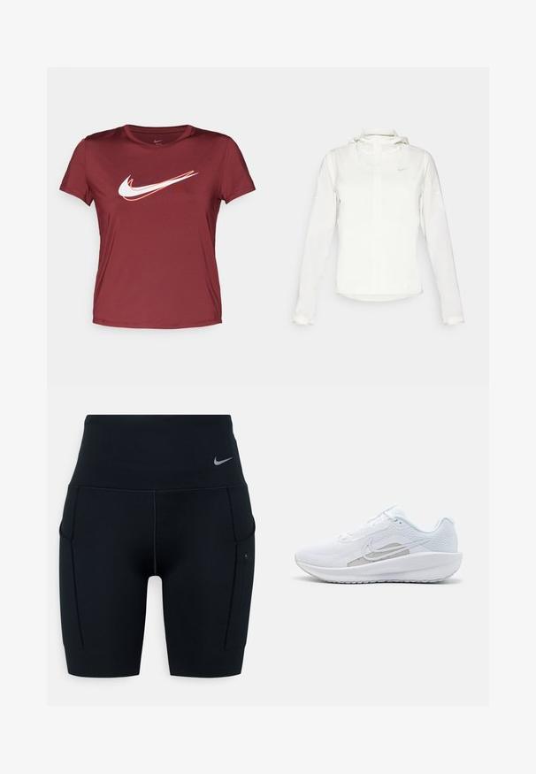 Biela Nike bunda s kapucňou, plným zipsom, elastickými manžetami a jemným logom na hrudi. Hladká textúra a ľahký dizajn.; Bordová tričko s krátkym rukávom značky Nike s bielym a oranžovým logom Nike swoosh, vyrobené z hladkej, ľahkej textílie s okrúhlym výstrihom.; Čierne športové šortky s vysokým pásom vyrobené z elastického materiálu; obsahujú bočné vrecká a malé logo Nike na páse.; Biele atletické topánky s priedušným zvrškom, okrúhlym prstom a štruktúrovanou podrážkou. Obsahuje strieborný Nike swoosh a minimalistický dizajn.