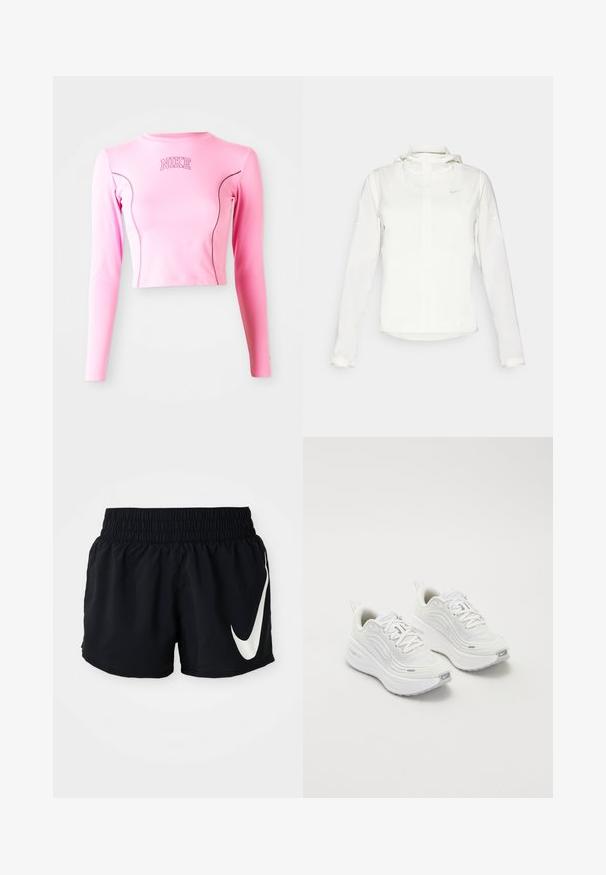 Biała kurtka Nike z kapturem, na zamek błyskawiczny, elastyczne mankiety i subtelne logo na piersi. Gładka tekstura i lekka konstrukcja.; Różowy crop top z długim rękawem, wykonany z elastycznego materiału. Posiada okrągły dekolt i kontrastowe przeszycia. Logo Nike jest wyszyte na klatce piersiowej.; Czarne sportowe szorty z elastycznym pasem, z dużym białym logo Nike z przodu i gładkim, lekkim materiałem.; Białe buty sportowe z teksturowaną siateczką u góry, amortyzowana podeszwa i subtelne szare akcenty. Zawierają logo i pętlę z tyłu dla łatwego zakładania.