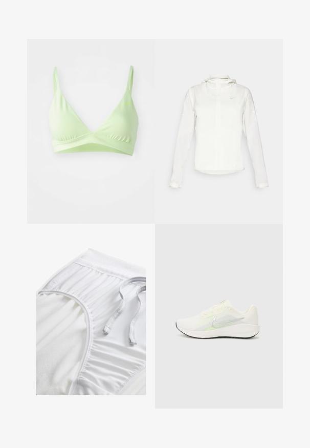 Bílá bunda Nike s kapucí, plným zipem, elastickými manžetami a decentním logem na hrudi. Hladká textura a lehký design.; Světle zelený trojúhelníkový bralet s nastavovacími ramínky, hladkým materiálem, na spodní části stažením a malým logem na levé straně.; Bílé sportovní šortky s texturovaným pasem, na bocích s nabíranými detaily a plochou šňůrkou. Měkká látka s hladkým povrchem.; Nike Performance DOWNSHIFTER 13 - Silniční běžecké boty - sail/silver-coloured photon dust/summit white/barely volt/black