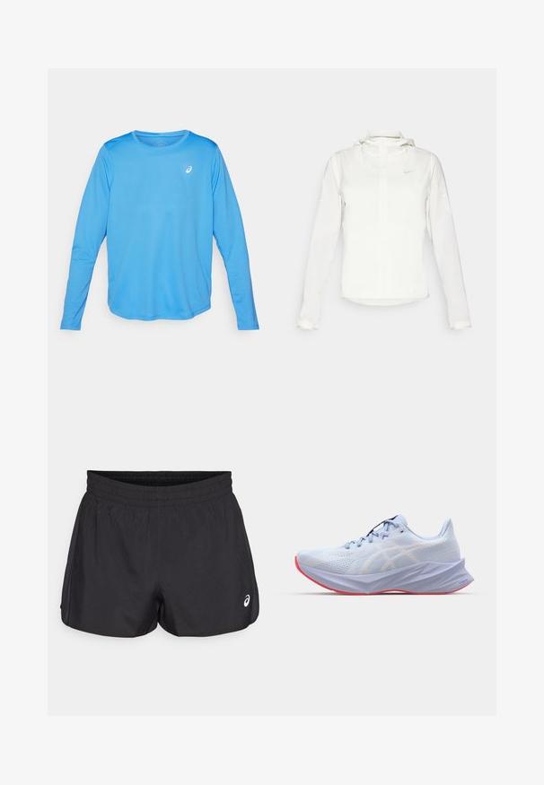 Valkoinen Nike-takki hupulla, täyspitkällä vetoketjulla, joustavilla hihansuilla ja hillityllä logolla rinnassa. Sujuva pinta ja kevyt muotoilu.; Pitkähihaista urheilusukkaa kirkkaan sinisessä värissä. Valmistettu sileästä, kevyestä kankaasta, jossa on pyöreä pääntie ja pieni valkoinen logo.; Mustat urheilushortsit, joissa on joustava vyötärö, sileä pinta, kaareva helma ja sivuilla verkkomateriaalia. Edessä on pieni logo.; Vaaleansininen urheilukenkä, jossa on tekstiili verkkopinta, valkoiset logot, pehmustettu pohja ja vaaleanpunainen ulkopohja. Ominaisuuksia ovat sulavalinjaisuus ja ergonominen muotoilu.