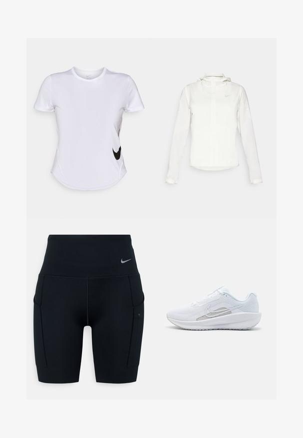 Casaco branco da Nike com capuz, fecho completo, punhos elásticos e um logótipo subtil no peito. Textura suave e design leve.; Camisola atlética de manga curta branca, feita de tecido liso, com o logótipo preto da Nike no lado esquerdo e uma bainha curva na parte inferior.; Calças curtas atléticas altas pretas feitas de material elástico; apresentam bolsos laterais e um pequeno logótipo da Nike na cintura.; Sapatilha atlética branca com parte superior em rede, bico arredondado e sola texturizada. Apresenta o símbolo Nike em prata e um design minimalista.