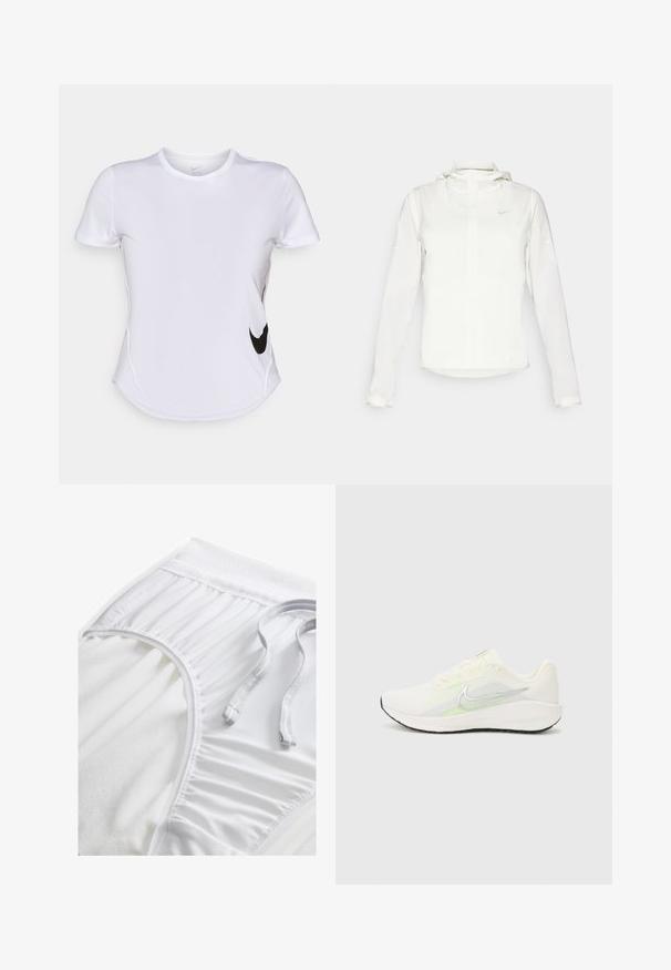 Valge Nike jakker, millel on kapuuts, täispikk tõmblukk, elastsed mansetid ja diskreetne logo rinnal. Sile tekstuur ja kerge disain.; Valge lühikeste varrukatega spordipoliis, mis on valmistatud siledast kangast, musta Nike logo vasakul küljel ja kumer hem allservas.; Valged sportlikud lühikesed püksid tekstureeritud vööosaga, kogutud külgedetailidega ja lameda tõmblukuga. Pehme kangas siledast viimistlusest.; Nike Performance DOWNSHIFTER 13 - Maanteejooksu jalatsid - sail/silver-coloured photon dust/summit white/barely volt/black