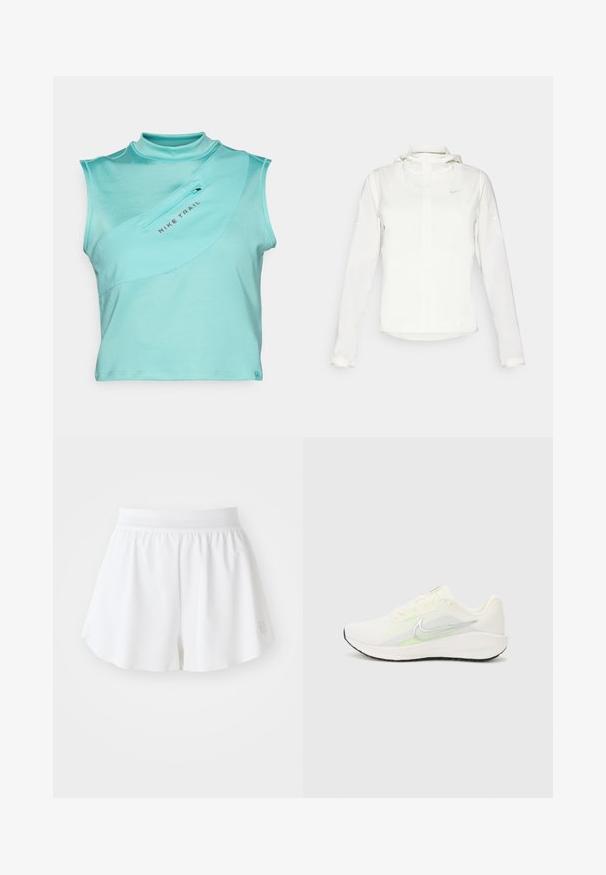 Fehér Nike dzseki kapucnival, teljes cipzárral, rugalmas mandzsettákkal és egy diszkrét logóval a mellkason. Sima textúrájú és könnyű kialakítású.; Világoskék Nike Trail ujjatlan felső magas nyakkal, amelynek oldalán átlós cipzáras zsebe van, és sportos bordázott textúra borítja az anyagot.; Fehér sportos rövidnadrág sima textúrával, rugalmas derékpánttal és kibővülő fazonnal. Az alsó jobb oldalon egy kis logó található.; Nike Performance DOWNSHIFTER 13 - Utcai futócipők - sail/silver-coloured photon dust/summit white/barely volt/black