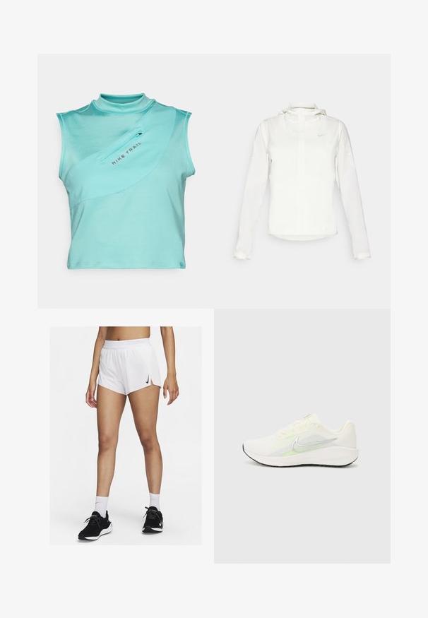 Bijela Nike jakna s kapuljačom, punim zatvaračem, elastičnim manžetama i suptilnim logotipom na prsima. Glatka textura i lagan dizajn.; Svijetloplavi Nike Trail bez rukava s visokim izrezom, koji sadrži dijagonalnu zip međuskladišnu torbicu i sportski rebrasti uzorak po tkanini.; Bijele sportske kratke hlače s rebrastim pojasom, bočnim prorezima i crnim logotipom Nike. Nošene s crnim tenisicama i bijelim čarapama do sredine lista.; Nike Performance DOWNSHIFTER 13 - Tenisice za cestovno trčanje - sail/silver-coloured photon dust/summit white/barely volt/black