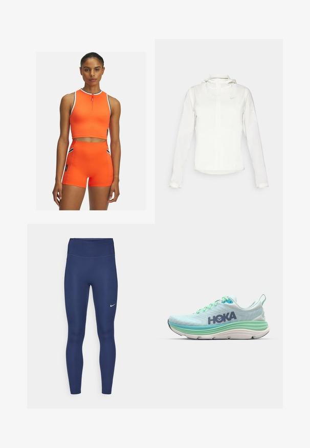 Valkoinen Nike-takki hupulla, täyspitkällä vetoketjulla, joustavilla hihansuilla ja hillityllä logolla rinnassa. Sujuva pinta ja kevyt muotoilu.; Kirkas oranssi aktiivivarustus sisältää hihattoman vetoketjupaidan ja korkeavyötäröiset shortsit, joita korostavat mustat ja valkoiset raidat.; Meriininsiniset leggingit korkealla vyötäröllä, valmistettu joustavasta kankaasta. Ominaisuuksiin kuuluu hillitty ompelu ja pieni valkoinen Nike-logo vasemmassa reidessä.; Vaaleansininen urheilukenkä, jossa on teksturoitu päällinen, vihreät yksityiskohdat ja paksu valkoinen pohja. Varustettu silmukkaremmillä ja HOKA-brändäyksellä tummansinisessä.