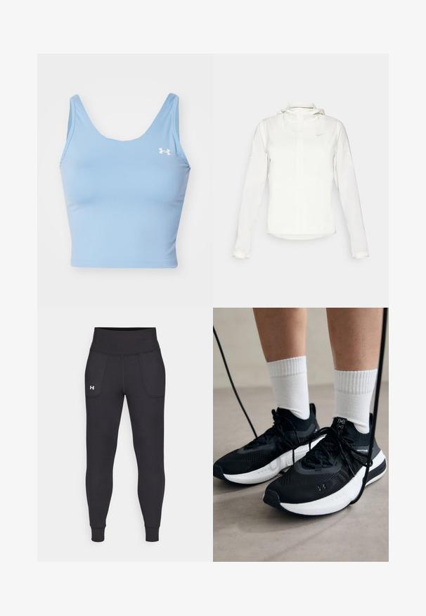 Casaco branco da Nike com capuz, fecho completo, punhos elásticos e um logótipo subtil no peito. Textura suave e design leve.; Top cropped azul claro feito de tecido suave. Apresenta um decote amplo em forma de U e alças finas. Inclui um pequeno logótipo branco no lado esquerdo do peito.; Leggings atléticos pretos, feitos de material elástico, com uma cintura alta, bolsos laterais e punhos ajustados no tornozelo.; Sapatilhas desportivas pretas com tecido texturizado, sola branca e atacadores pretos. Usadas com meias brancas caneladas, a pé sobre uma superfície clara.