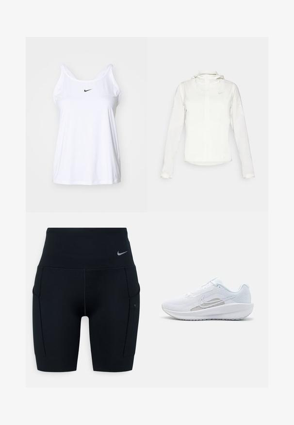 Valge Nike jakker, millel on kapuuts, täispikk tõmblukk, elastsed mansetid ja diskreetne logo rinnal. Sile tekstuur ja kerge disain.; Valge ilma varrukateta sporditop, mis on valmistatud kergetest materjalidest. Omab ümarat kaelust ja väikest musta Nike logo ees.; Mustad kõrge vöökohaga sportlikud lühikesed püksid, valmistatud venivast materjalist; külgedel on taskud ja vööl väike Nike logo.; Valge sportlik king, millel on võrgusilmast ülemine osa, ümar varvas ja tekstureeritud tallad. Omab hõbedast Nike logo ja minimalistikku disaini.
