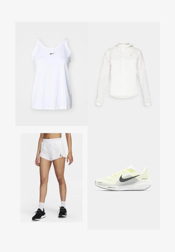 Weiße Nike-Jacke mit Kapuze, durchgehendem Reißverschluss, elastischen Bündchen und einem dezenten Logo auf der Brust. Glatte Textur und leichtes Design.; Weißes ärmelloses Sporttanktop aus leichtem Stoff. Verfügt über einen abgerundeten Halsausschnitt und ein kleines schwarzes Nike-Logo auf der Vorderseite.; Weiße sportliche Shorts mit einem gerippten Bündchen, seitlichen Schlitzen und einem schwarzen Nike-Logo. Kombiniert mit schwarzen Turnschuhen und weißen Sportsocken.; Nike Laufschuhe mit einem hellgelben und weißen Mesh-Obermaterial, grauen Akzenten und einer flexiblen Gummisohle. Verfügt über einen Schnürverschluss.