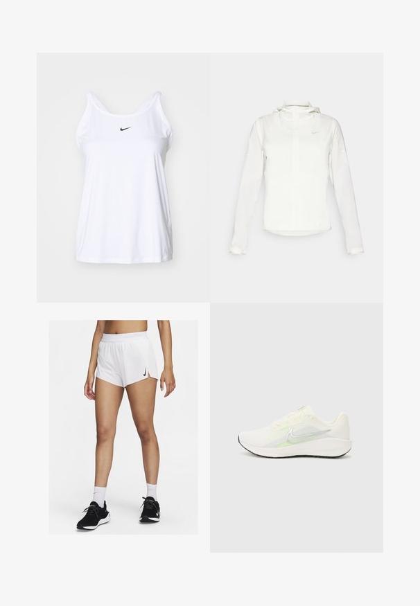 Chaqueta blanca de Nike con capucha, cremallera completa, puños elásticos y un logo sutil en el pecho. Textura suave y diseño ligero.; Camiseta de tirantes blanca y sin mangas hecha de un tejido ligero. Presenta un escote redondeado y un pequeño logo negro de Nike en la parte frontal.; Pantalones cortos deportivos blancos con cinturilla acanalada, aberturas laterales y un logo negro de Nike. Se llevan con zapatillas negras y calcetines blancos hasta la mitad de la pantorrilla.; Nike Performance DOWNSHIFTER 13 - Zapatillas running asfalto - sail/silver-coloured photon dust/summit white/barely volt/black