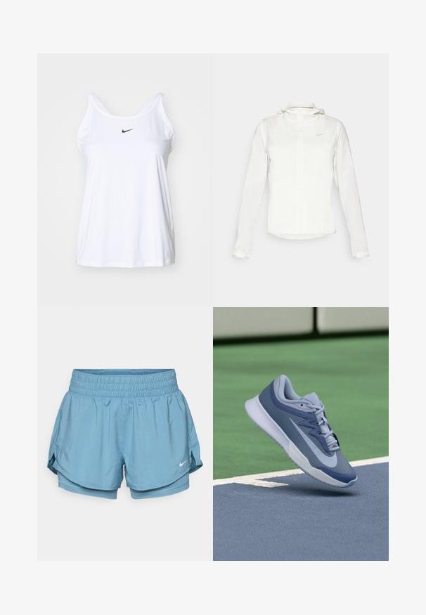 White Nike jacket with a hood, full zip, elastic cuffs, and a subtle logo on the chest. Smooth texture and lightweight design.; White sleeveless athletic tank top made of lightweight fabric. Features a rounded neckline and a small black Nike logo on the front.; Light blue athletic shorts with a wide elastic waistband, inner lining, and side slits for ease of movement. Features a small white logo.; Sport sneaker in light blue and navy, featuring a textured upper, flat laces, and a lightweight white sole. Elevated above a court surface.