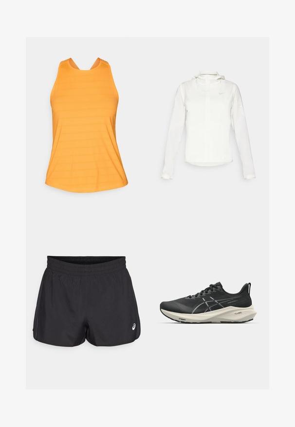 Giacca Nike bianca con cappuccio, zip completa, polsini elasticizzati e un logo discreto sul petto. Texture liscia e design leggero.; Canotta atletica arancione con un motivo testurizzato, dotata di scollatura a barca e spalline larghe per supporto e facilità di movimento.; Pantaloni sportivi neri con elastico in vita, tessuto liscio, orlo curvo e dettagli in rete laterali. Presentano un piccolo logo sul fronte.; Scarpa da atletica nera con un design elegante, suola curvata e tomaia texture con accenti bianchi a contrasto sui lati.