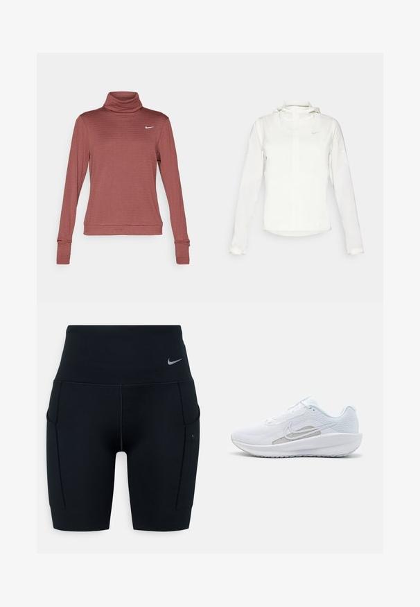 Bela Nike jakna s kapuco, polno zadrgo, elastičnimi manšetami in diskretnim logotipom na prsih. Gladka tekstura in lahko oblikovanje.; Nike Performance THERMA-FIT SWIFT - Majica z dolgimi rokavi - red sepia/reflective silver; Črne visoke športne kratke hlače iz raztegljivega materiala; imajo stranske žepe in majhen Nike logotip na pasu.; Bela športna čevlja z mrežastim zgornjim delom, zaobljenim nosom in teksturiranim podplatom. Ima srebrni Nike znak in minimalističen dizajn.