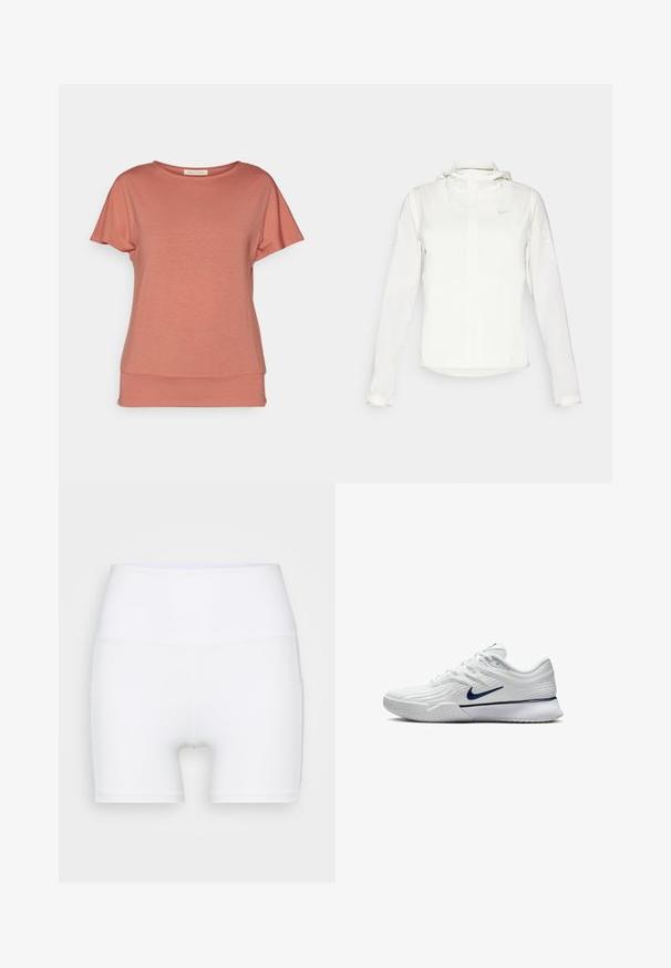 Witte Nike-jack met een capuchon, volledige rits, elastische manchetten en een subtiele logo op de borst. Gladde textuur en lichtgewicht ontwerp.; Yogasearcher MEDE - T-shirt basic - cedar; Witte hoge taille shorts van rekbare stof. Kenmerken een gladde textuur en een aansluitend ontwerp, zonder extra patronen of hardware.; Witte sportschoen met een gestructureerde mesh bovenkant, marineblauwe accenten en een gevoerde zool met een gemusterde grip. Veters geïntegreerd in het ontwerp.