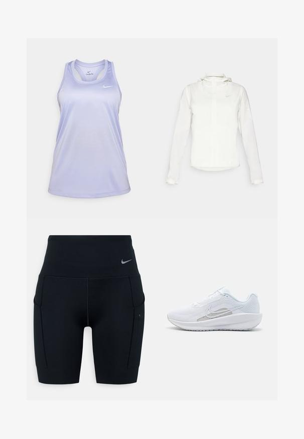 Chaqueta blanca de Nike con capucha, cremallera completa, puños elásticos y un logo sutil en el pecho. Textura suave y diseño ligero.; Top sin mangas de Nike en un tono púrpura claro, con un escote redondo, tirantes finos y tejido transpirable. Presenta un logo de Nike en el pecho.; Shorts deportivos negros de talle alto hechos de material elástico; cuentan con bolsillos laterales y un pequeño logotipo de Nike en la cinturilla.; Zapatilla deportiva blanca con parte superior de malla, punta redondeada y suela texturizada. Presenta un swoosh de Nike plateado y un diseño minimalista.