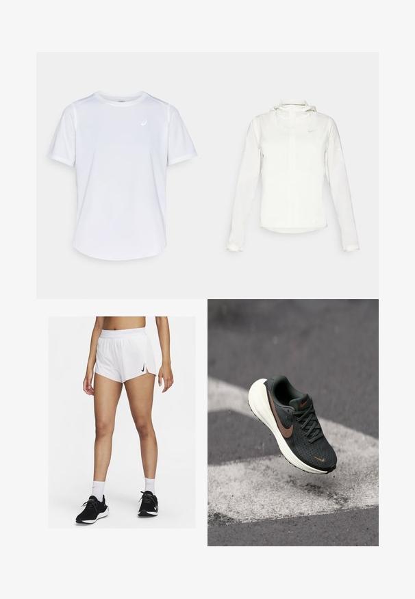 White Nike jacket with a hood, full zip, elastic cuffs, and a subtle logo on the chest. Smooth texture and lightweight design.; White athletic t-shirt, short sleeves, crew neck, made of moisture-wicking fabric, featuring a small logo on the chest, lightweight texture.; White athletic shorts with a ribbed waistband, side slits, and a black Nike logo. Worn with black sneakers and white crew socks.; Black mesh running shoe with a textured upper, a brown Nike swoosh, and a white cushioned sole, suspended above a gray surface.