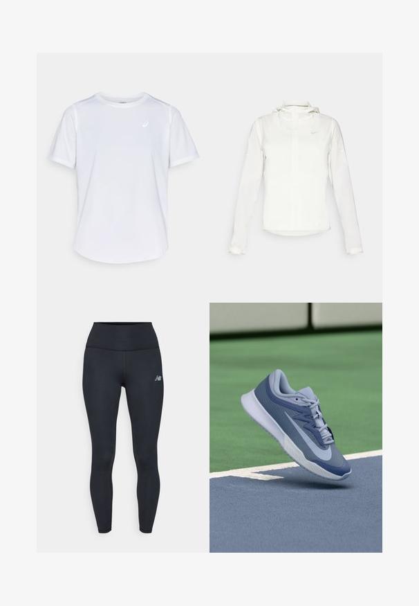 Chaqueta blanca de Nike con capucha, cremallera completa, puños elásticos y un logo sutil en el pecho. Textura suave y diseño ligero.; Camiseta deportiva blanca, de mangas cortas, cuello redondo, fabricada con material que absorbe la humedad, con un pequeño logo en el pecho, de textura ligera.; Leggings elásticos negros con una cintura alta, que presentan costuras planas y un pequeño logo en el muslo izquierdo. Textura suave.; Zapatilla deportiva en azul claro y marino, con un upper texturizado, cordones planos y una suela blanca ligera. Elevada por encima de una superficie de cancha.