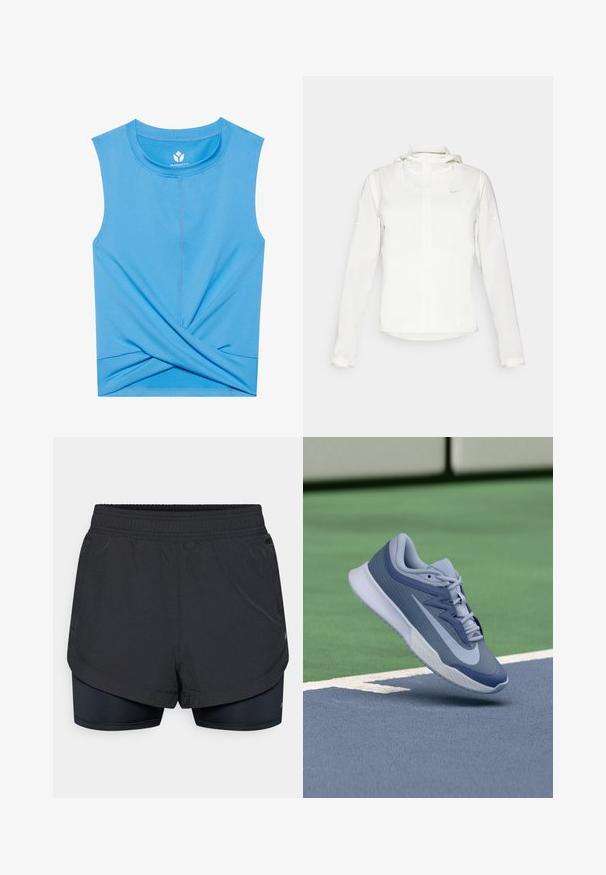 Vit Nike-jacka med huva, hel dragkedja, elastiska ärmslutar och en diskret logotyp på bröstet. Slät textur och lätt design.; Blå ärmlös topp i mjukt material som har en vriden design i botten, rund halsringning och plana sömmar för extra komfort.; Svarta sportshorts med ett yttre lager och en figursydd innerfoder. Midjebandet är elastiskt och tyget verkar vara lätt och slätt.; Sportssko i ljusblått och marinblått, med en texturerad överdel, platta snören och en lätt vit sula. Höjd över en spelplan.