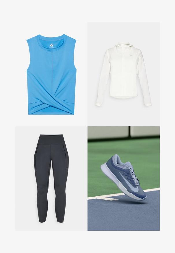 Bela Nike jakna s kapuco, polno zadrgo, elastičnimi manšetami in diskretnim logotipom na prsih. Gladka tekstura in lahko oblikovanje.; Modra brezrokavna majica iz mehkega materiala ima zasnovo s spletenim dnom, okroglo ovratnico in ravne šive za udobje.; Visokotedanjske črne legice iz raztegljivega, gladkega materiala. Imajo dve stranski žepki in kontrastno šivanje po šivih.; Športni copat v svetlo modri in mornarski barvi, z teksturirano zgornjim delom, ravnimi vezalkami in lahko belo podplatom. Dvigovan nad igrališčem.