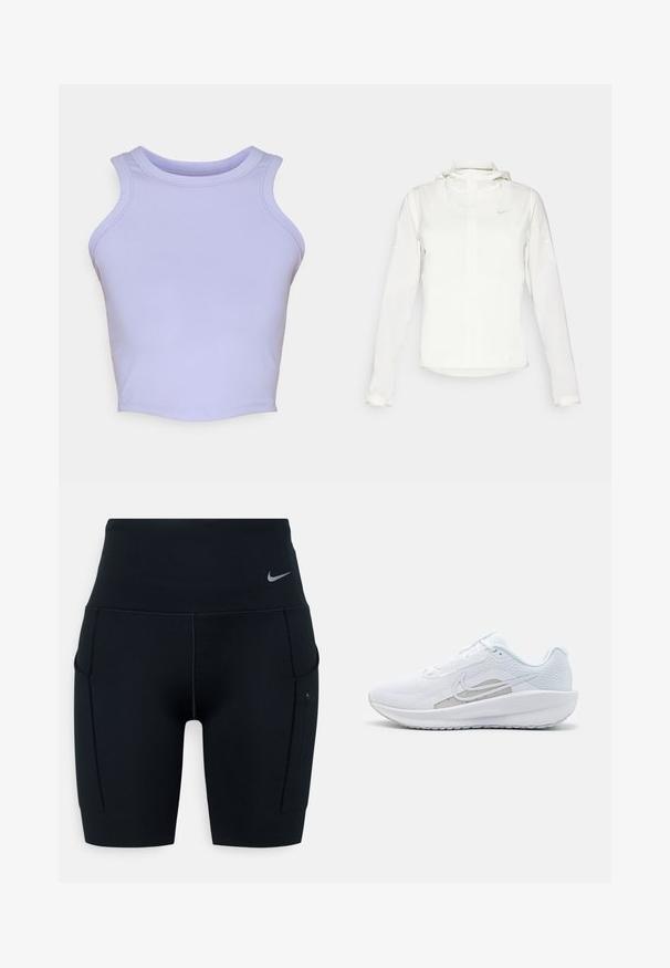 Valkoinen Nike-takki hupulla, täyspitkällä vetoketjulla, joustavilla hihansuilla ja hillityllä logolla rinnassa. Sujuva pinta ja kevyt muotoilu.; Vaaleanvioletti hihaton crop-top, joka on valmistettu joustavasta kankaasta. Ominaisuuksiin kuuluu pyöreä pääntie ja sileät, saumattomat reunat.; Musta korkea vyötäröinen urheilushortsit, jotka on valmistettu joustavasta materiaalista; sisältävät sivutaskut ja pienen Nike-logon vyötärökaistassa.; Valkoinen urheilujalkine, jossa on verkkomateriaali ylhäällä, pyöreä varvas ja teksturoitu pohja. Varustettu hopeisella Nike-ikkunalla ja minimalistisella muotoilulla.